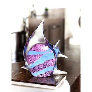 Handblown Glass Angel Fish Figurine With Purple & Blue Accents